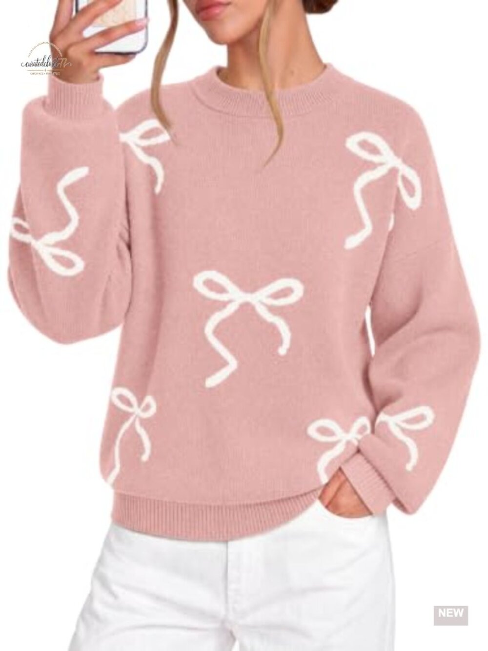 Women Oversized Bow Knit Sweater Crew Neck Long Sleeve Pullover